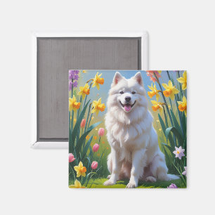 Aimant Peinture Samoyed Chien Fleurs de printemps