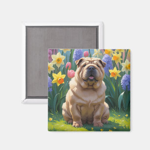 Aimant Peinture Shar Pei Chien Fleurs de Printemps Pei