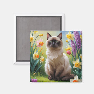 Aimant Peinture Siamese Chat Fleurs de Printemps