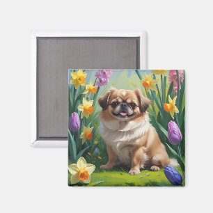Aimant Pekingese Chien Fleurs de printemps Peinture