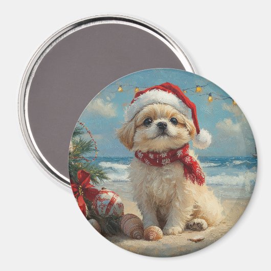 Aimant Pekingese Chien Noël Plage Vintage (Recto/Verso)