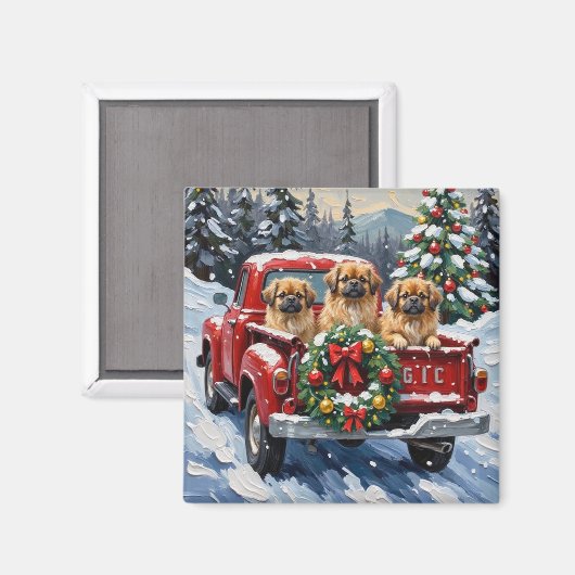 Aimant Pekingese Christmas Red Truck Holiday (Recto/Verso)