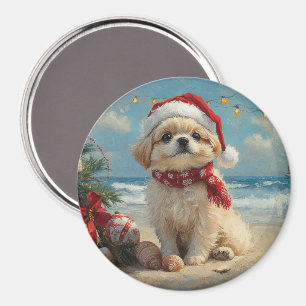 Aimant Pékinois Noël Vintage Plage