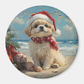 Aimant Pékinois Noël Vintage Plage (Devant)