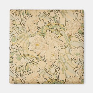 Aimant Peonies d'Alphonse Mucha, Art Nouveau Vintage
