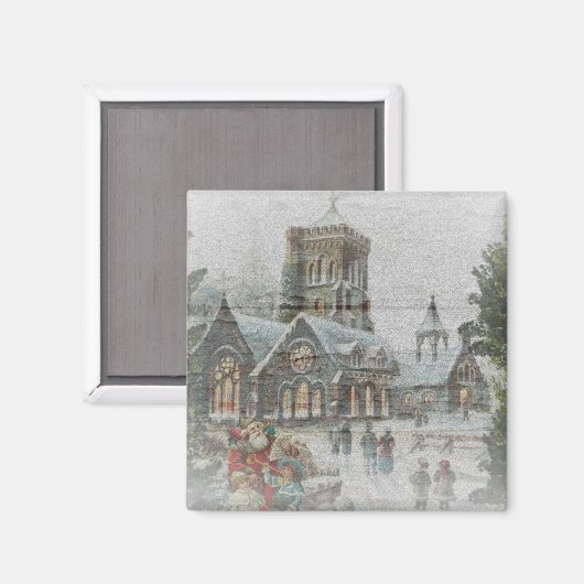 Aimant Père Noël ancienne avec enfants devant une église (Recto/Verso)