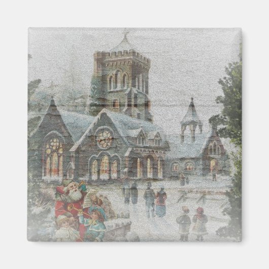 Aimant Père Noël ancienne avec enfants devant une église (Devant)