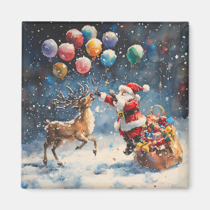 Aimant Père Noël aquarelle festive Renne Ballon coloré