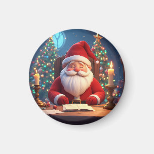 Aimant Père Noël lisant un livre à la lumière d'une bougi
