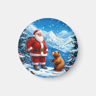 Aimant Père Noël rencontre un ours amical dans la montagn