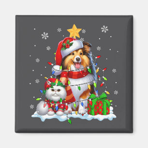 Aimant Père Noël Sheltie avec Elf Cat Noël Lumières Propr