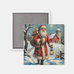 Aimant Père Noël vintage sur le chemin enneigé de la ferm