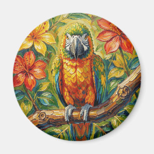 Aimant Perroquet et fleur tropicale colorés et impasto jo