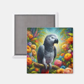 Aimant Perroquet gris africain aux fleurs colorées (Recto/Verso)