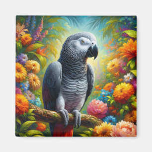 Aimant Perroquet gris africain aux fleurs colorées