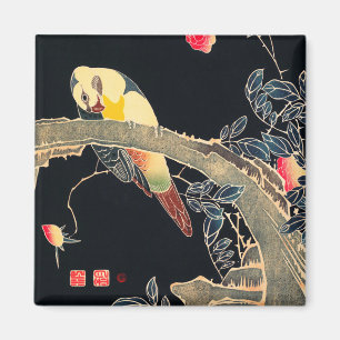 Aimant Perroquet sur la branche d'un Rose en fleurs Bush