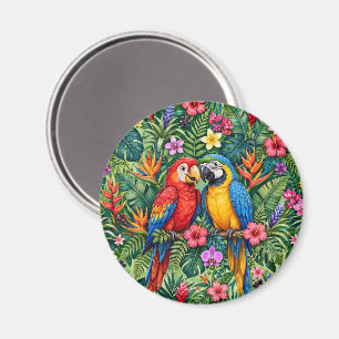 Aimant Perroquets de la jungle Macaws Fleurs Vibrantes 