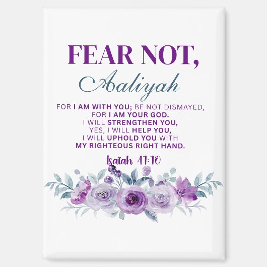 Aimant Personalized Fear Not Isaiah 41:10 Purple Floral (Recto)