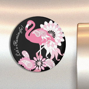 Aimant Personalized Modern Black Paisley Pink Flamingo
