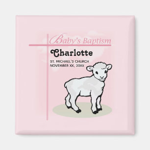 Aimant Personnalisable, Baptême, Rose, Fille, Agneau