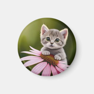 Aimant Petit chat gris floral mignon