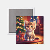 Aimant Petit chaton assis à côté d'un arbre de Noël lumin (Recto/Verso)