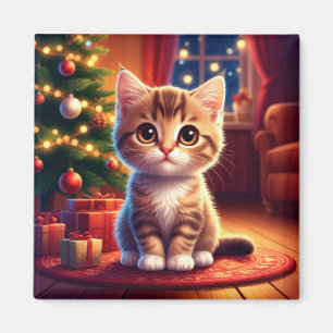 Aimant Petit chaton assis à côté d'un arbre de Noël lumin