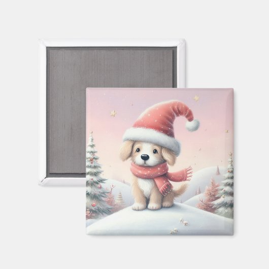 Aimant Petit chiot de Noël en chapeau santa (Recto/Verso)