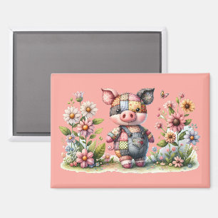 Aimant Petit Cochon Patchwork dans un Jardin Fleuri Magne