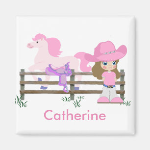 Aimant Petite Cowgirl Occidentale Avec Cheval