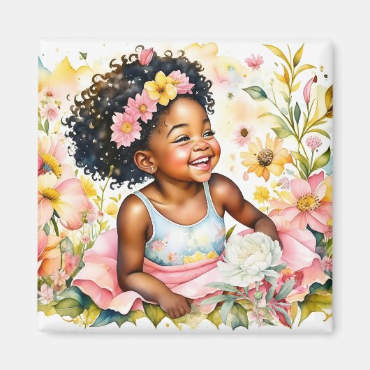 Aimant Petite fille en fleurs roses Aquarelle Art (Devant)