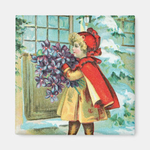 Aimant Petite fille et violettes de Noël Vintage