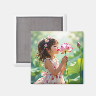 Aimant Petite Fille Sentant une Rose Rose Personnalisée