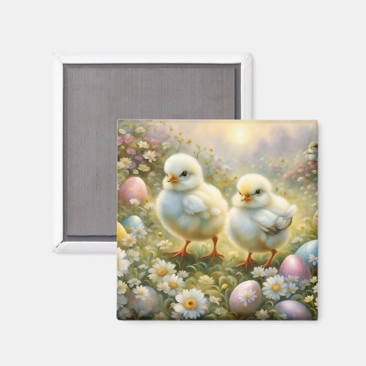 Aimant Petits poussins dans la prairie avec oeufs de Pâqu (Recto/Verso)
