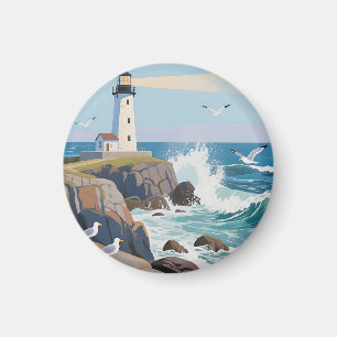 Aimant Phare côtier Vagues océaniques Mouettes