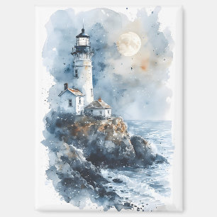 Aimant Phare éclairé par la lune sur une côte rocheuse