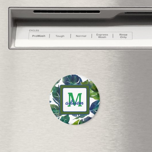 Aimant Philodendron vert et bleu du feuillage Monogramme (In Situ (Lave-vaisselle))
