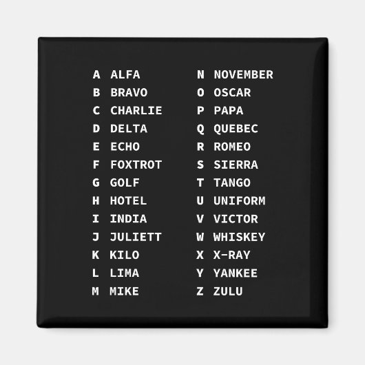 Aimant Phonetic Alphabet Code Chart Classic Black & White (Devant)