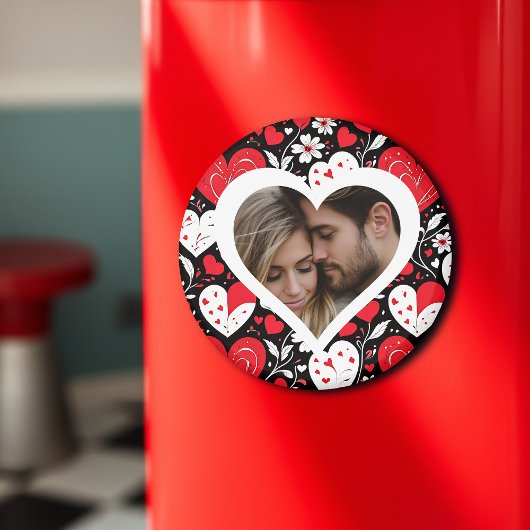 Aimant Photo de Coeurs et Fleurs rouges, noirs et blancs