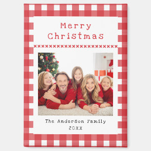 Aimant Photo de famille Gingham rouge Joyeux Noël Fêtes