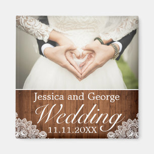 Aimant Photo de Rustic Wood & White Lace Wedding