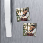 Aimant Photo de superposition de script<br><div class="desc">Partagez une photo préférée de tous les jours,  mariage ou fiançailles sur nos magnets carrés pour les couples avec "pour toujours" dans un script blanc moderne écrit à la main le long du fond. Faites un cadeau sucré pour les anniversaires et la Saint-Valentin !</div>