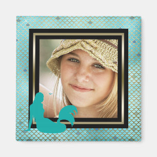 Aimant Photo personnalisée Sirène Turquoise Nautique Or