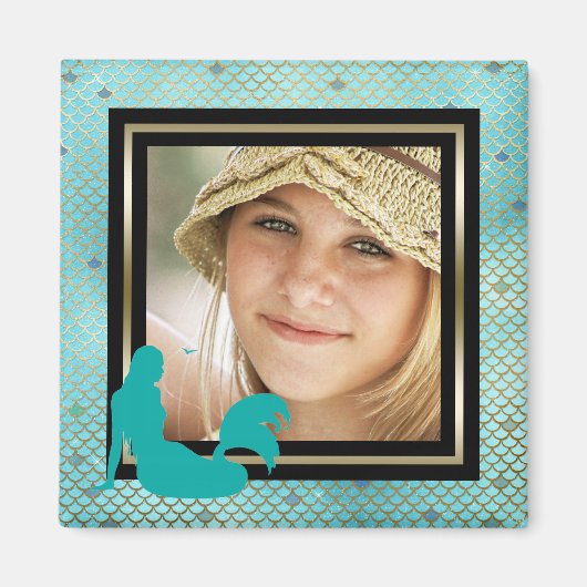 Aimant Photo personnalisée Sirène Turquoise Nautique Or (Devant)
