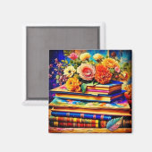 Aimant Pile de livres et de fleurs Vintages (Recto/Verso)