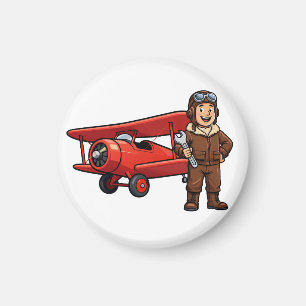 Aimant Pilote Vintage avec Dessin Animé de Biplan Rouge