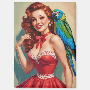 Aimant Pin-up et perroquet à tête rouge souriante
