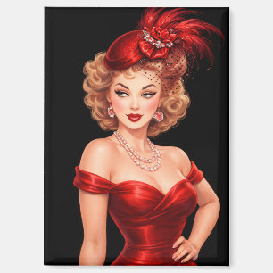 Aimant Pin-Up Vintage Glamour avec Chapeau Rouge et Robe