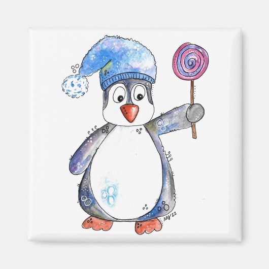 Aimant Pingouin blanc mignon avec Lollipop (Devant)