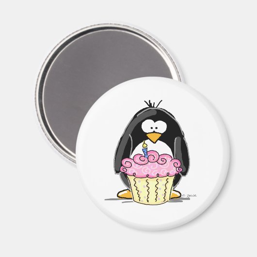 Aimant Pingouin d'anniversaire avec Cupcake (Recto/Verso)